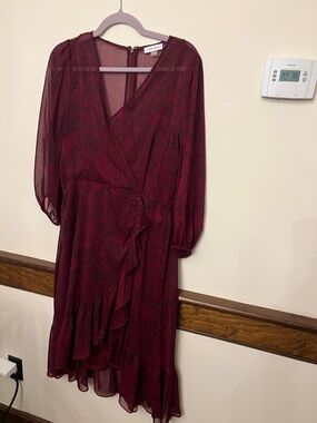 Calvin Klein Burgundy Long-Sleeve Wrap Midi Dress